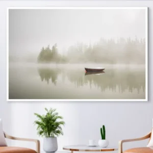 Barque solitaire sur un lac brumeux- Barque solitaire sur un lac brumeux-