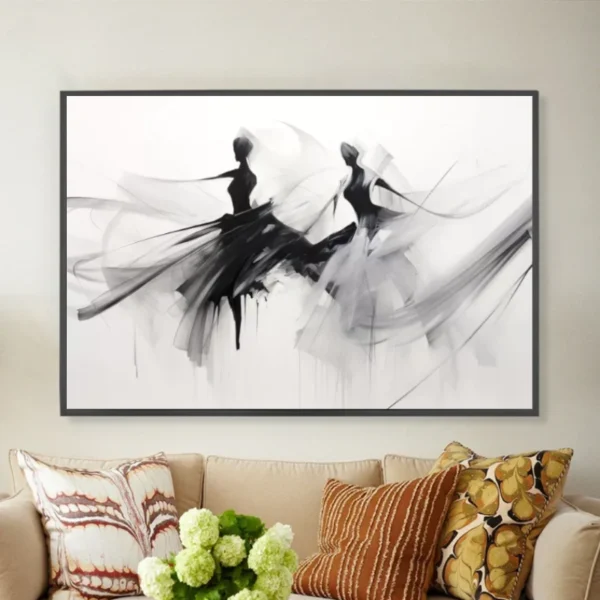 Deux silhouettes dansantes en noir et blanc-