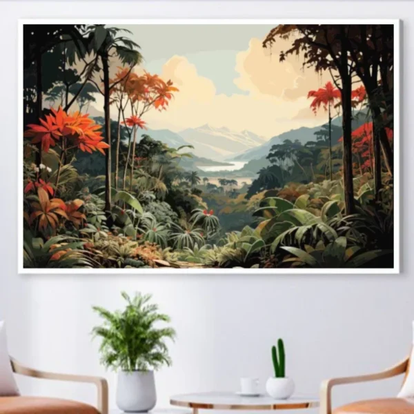 Forêt tropicale avec une vue lointaine sur les collines--