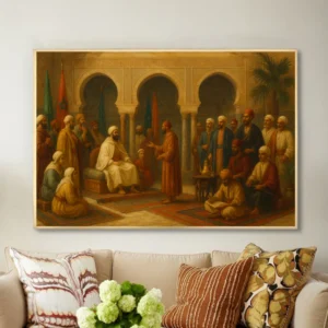 Tableau historique marocain – Scène royale et érudits