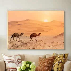Tableau désertique – Chameaux au coucher du soleil