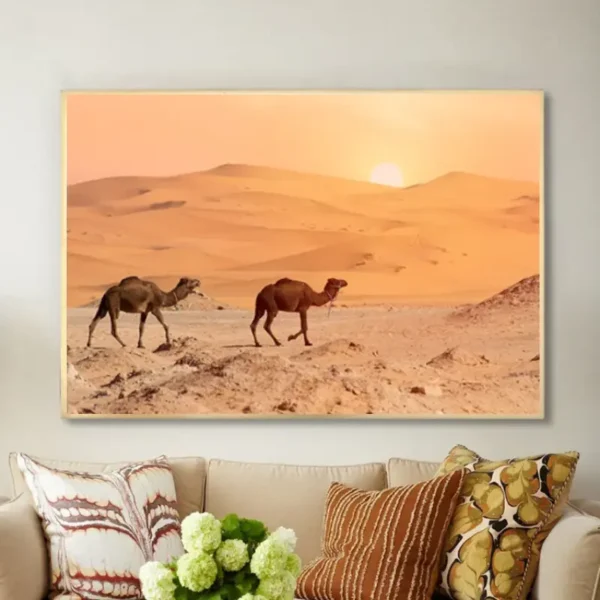 Tableau désertique – Chameaux au coucher du soleil