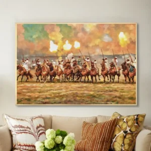 Tableau artistique marocain – Cavaliers traditionnels au coucher du soleil