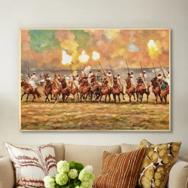 Tableau artistique marocain – Cavaliers traditionnels au coucher du soleil