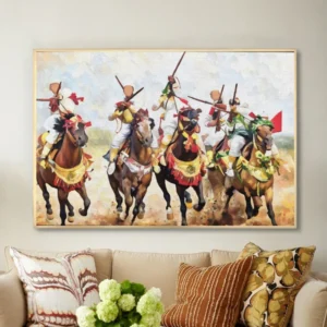Tableau marocain traditionnel – Fantasia équestre en action