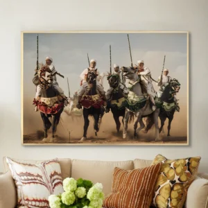 Tableau marocain – Cavaliers en pleine fantasia traditionnelle