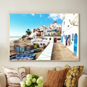 Tableau marocain – Village côtier et bateaux traditionnels
